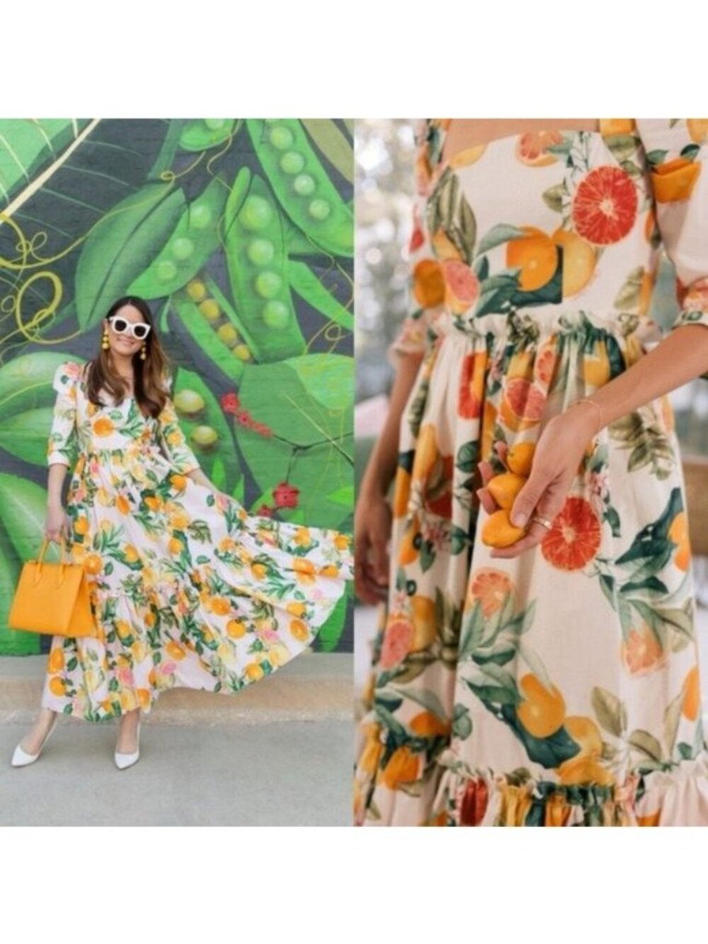 Cara Cara Blue Hill Citrus Fruit Print Cotton Tiered Maxi Dress Size 2 - Picture 2 of 13